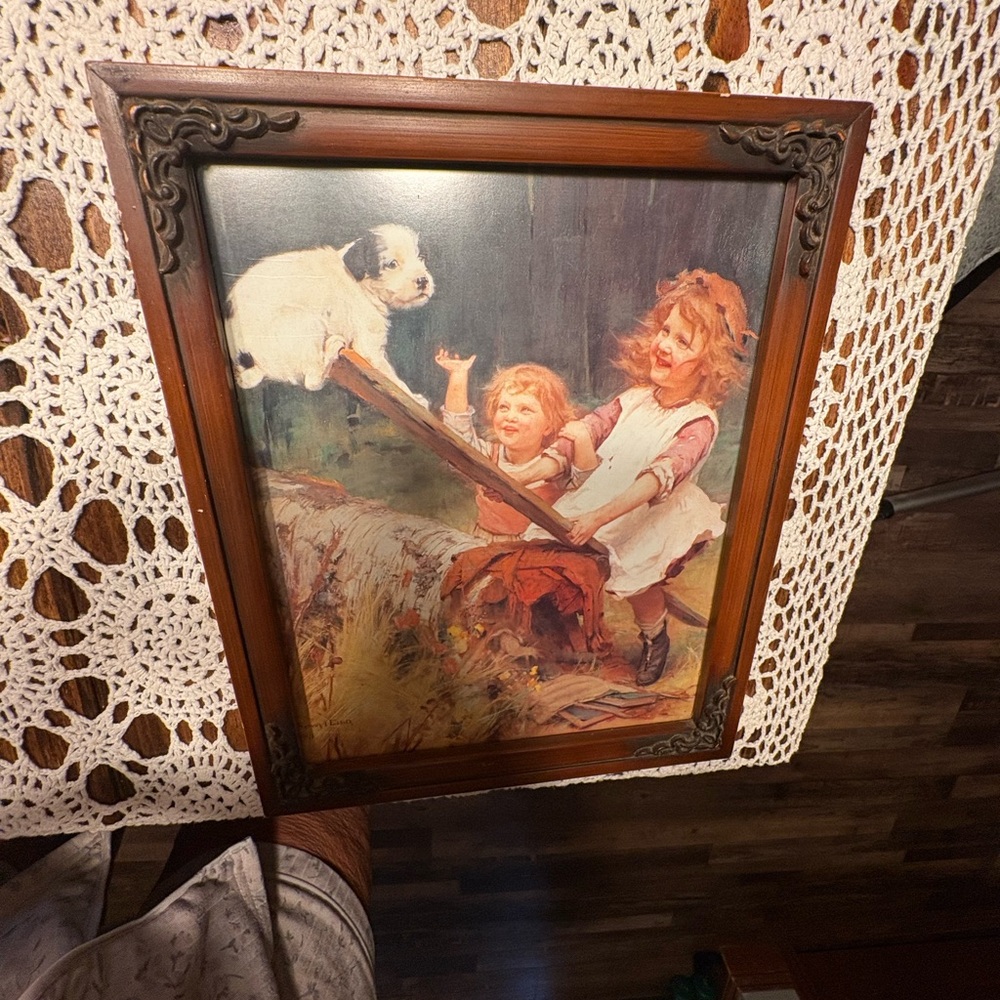 Vintage Framed Art with Children and Dog